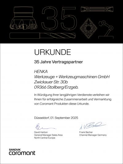 Urkunde - SANDVIK - 35 Jahre Vertragspartner - HENKA